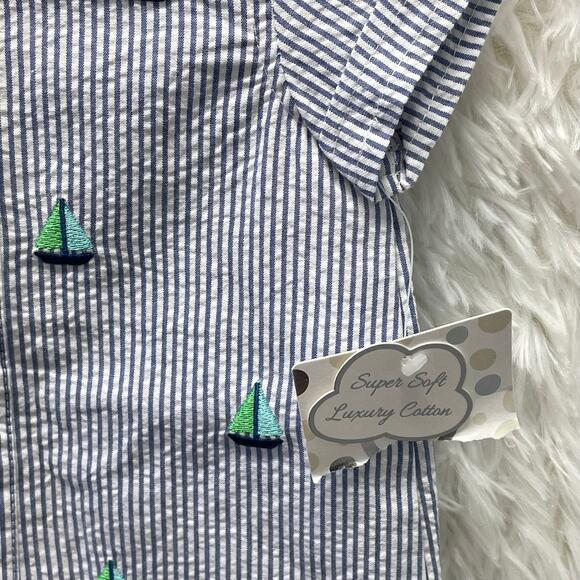 Little Me Seersucker Romper with Embroidered Sailboats Collar Stripes 6M NEW - Picture 3 of 6